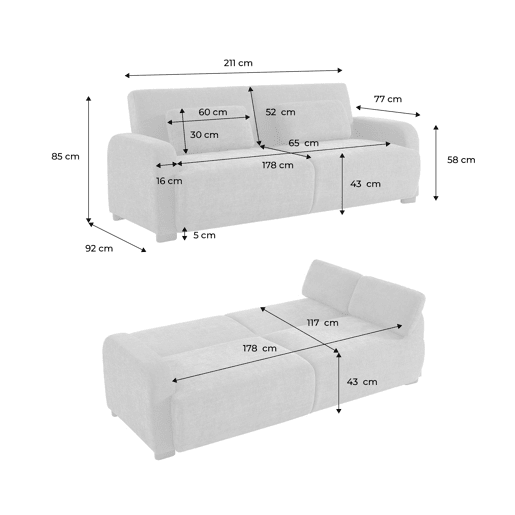 Sofá-cama conversível de 3 lugares, Dany, Branco sujo, 211x92x85 cm