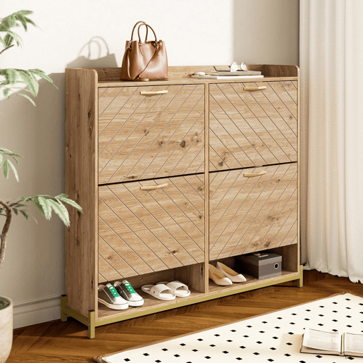 Estante para sapatos moderna com 4 portas - Móvel compacto para entrada - Estilo madeira