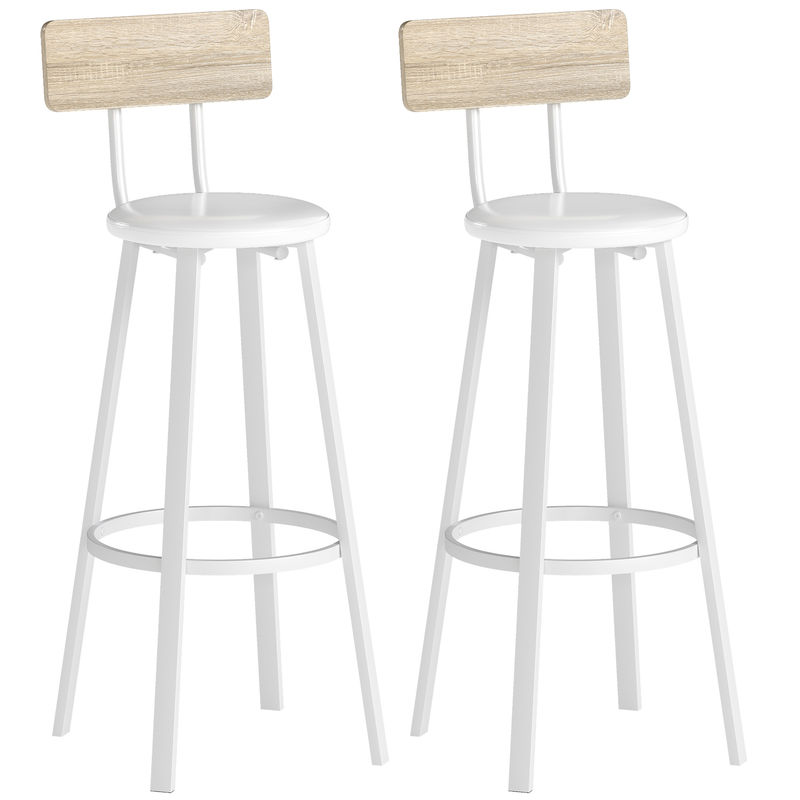 Homcom juego de 2 taburetes de bar, taburetes altos de cocina con respaldo y reposapiés, tapizados de pu, asiento de 75,5 cm de altura, fácil montaje, estilo industrial, natural y blanco