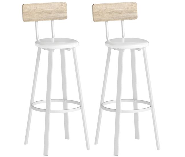 Homcom juego de 2 taburetes de bar, taburetes altos de cocina con respaldo y reposapiés, tapizados de pu, asiento de 75,5 cm de altura, fácil montaje, estilo industrial, natural y blanco
