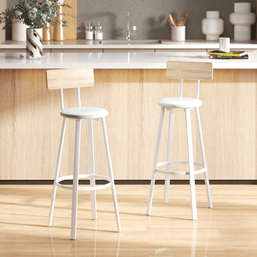 HOMCOM Conjunto de 2 Bancos de Bar Bancos Altos de Cozinha com Encosto e Apoio para Pés Estofados em PU Assento com 75,5 cm de Altura Fácil Montagem Estilo Industrial 41,5x36,5x99,5 cm Madeira e Branco