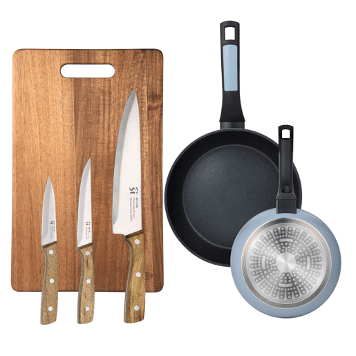 Conjunto de 2 frigideiras de alumínio prensado Ø20Ø26cm com 3 facas de aço inoxidável e tábua de corte de 40x25cm NOIA San Ignacio