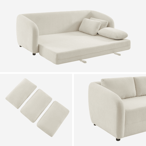 Sofá-cama conversível tecido chenille, 3 lugares, Twist, Branco, 220x95x76 cm