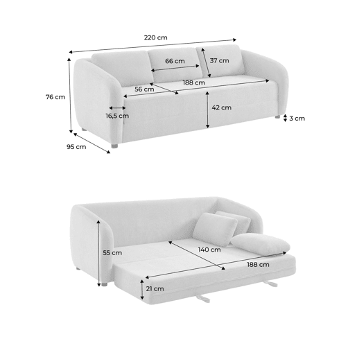 Sofá-cama conversível tecido chenille, 3 lugares, Twist, Branco, 220x95x76 cm