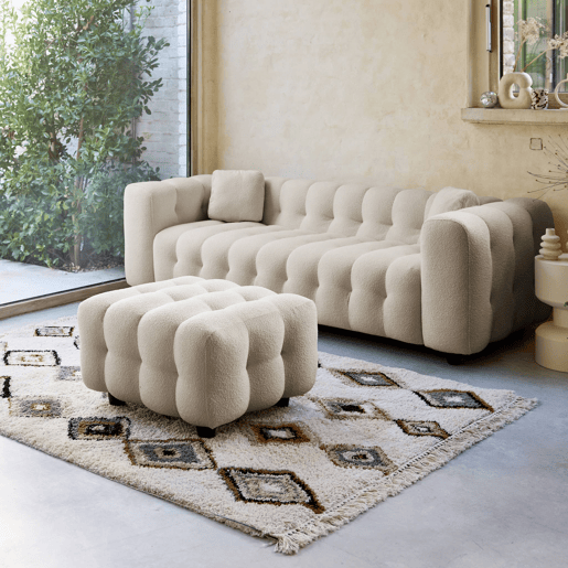 Pufe, descanso para os pés para sofá boucle texturada de 3 lugares, Leon boucle, Beige, 78x70x48 cm