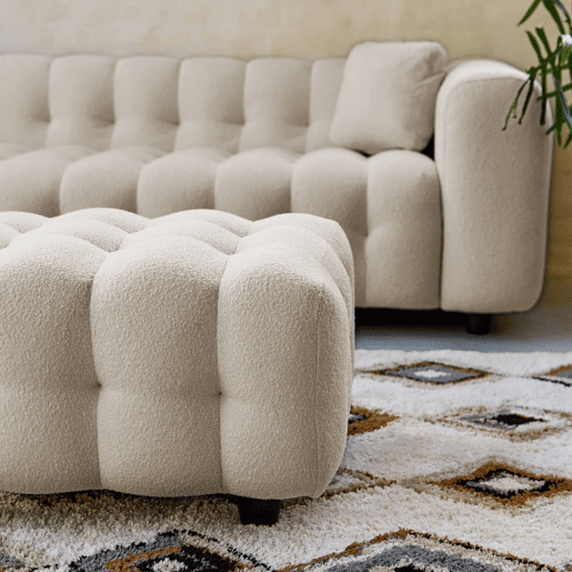Pufe, descanso para os pés para sofá boucle texturada de 3 lugares, Leon boucle, Beige, 78x70x48 cm