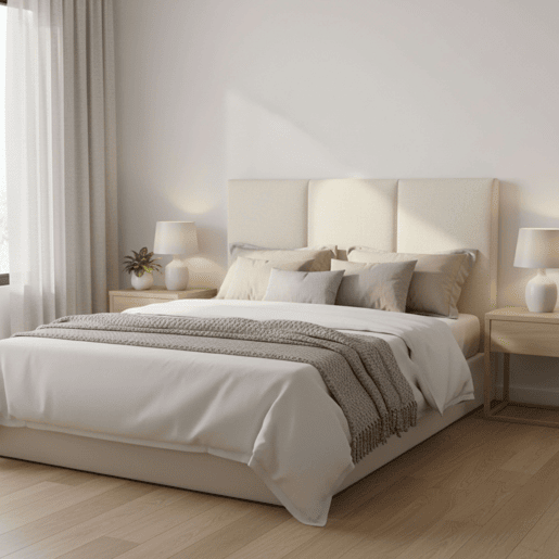 Cabeceira de cama Navoi de 165 cm, bege, cabeceira estofada com capa não removível, em melamina e poliéster.