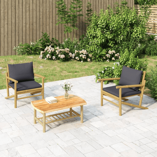 Lote de 2 Cadeiras de jardim - Cadeiras de exterior bambu c almofadões cinzento-escuro Lote de 2 Cadeiras de jardim - Cadeiras de exterior bambu c almofadões cinzento-escuro