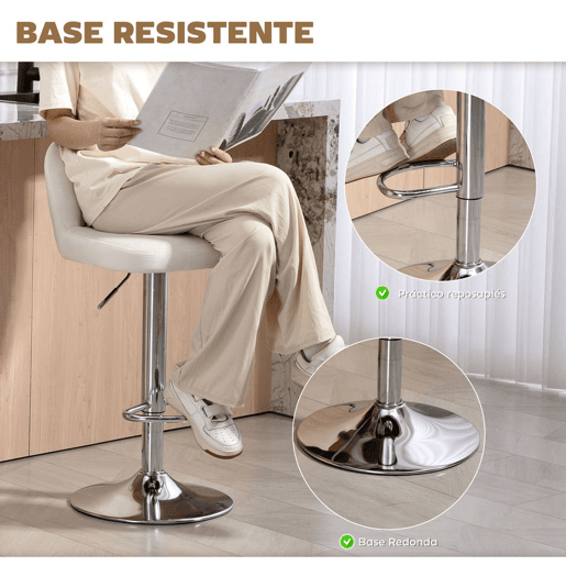 HOMCOM Conjunto de 2 Bancos de Bar Estofados em Pelúcia Bancos Altos de Sala de Jantar com Altura Ajustável Assento Giratório e Apoio para os Pés Carga Máxima 120kg 43x45x81-101cm Creme