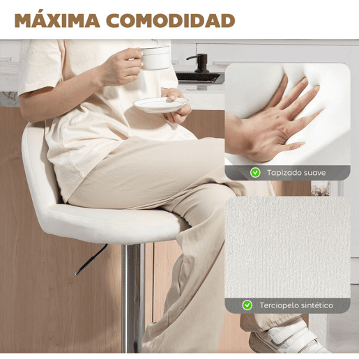 HOMCOM Conjunto de 2 Bancos de Bar Estofados em Pelúcia Bancos Altos de Sala de Jantar com Altura Ajustável Assento Giratório e Apoio para os Pés Carga Máxima 120kg 43x45x81-101cm Creme