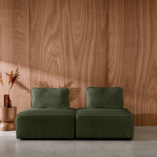 Sofá modular em tecido boucle de 2 lugares, Bao, Verde caqui, 90x90x74 cm