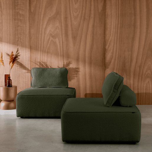 Sofá modular em tecido boucle de 2 lugares, Bao, Verde caqui, 90x90x74 cm