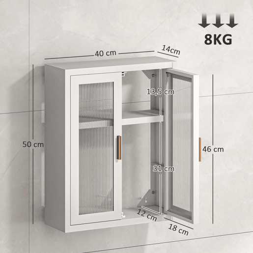 HOMCOM Armário de Casa de Banho de Parede Móvel Suspenso Moderno com Portas de Acrílico Prateleira Ajustável Fecho Magnético Armário de Arrumação para Lavandaria sobre o Sanitário 40x14x50 cm Branco