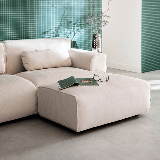 Pufe, repousa-pés para sofá veludo cotelê de 3 lugares, Wallas veludo, Creme, 102x70x41 cm