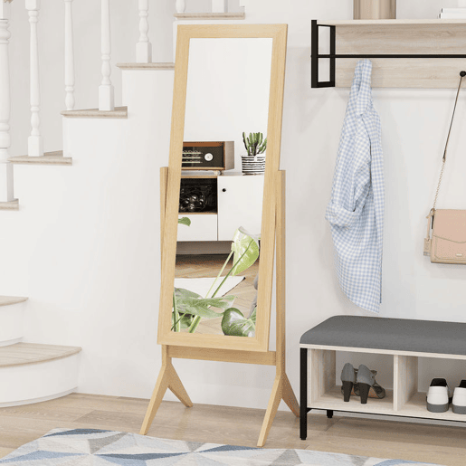 HOMCOM Espelho de Pé para Maquilhagem Reclinável com Estrutura de Madeira para Dormitório Vestidor 47x46x148 cm Carvalho