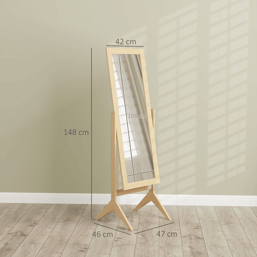 HOMCOM Espelho de Pé para Maquilhagem Reclinável com Estrutura de Madeira para Dormitório Vestidor 47x46x148 cm Carvalho