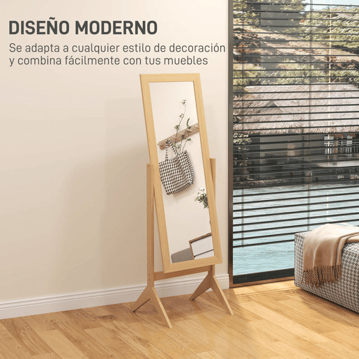 HOMCOM Espelho de Pé para Maquilhagem Reclinável com Estrutura de Madeira para Dormitório Vestidor 47x46x148 cm Carvalho