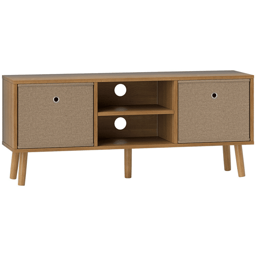 HOMCOM Móvel de TV para Televisores de até 50 Polegadas Móvel de Sala de Estar Moderno com 2 Gavetas de Tecido 2 Prateleiras Abertas e Orifício Passa Cabos 110x29x46,5 cm Madeira e Castanho Claro