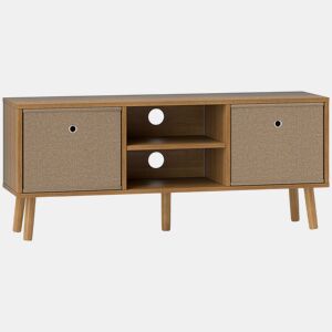 HOMCOM Móvel de TV para Televisores de até 50 Polegadas Móvel de Sala de Estar Moderno com 2 Gavetas de Tecido 2 Prateleiras Abertas e Orifício Passa Cabos 110x29x46,5 cm Madeira e Castanho Claro
