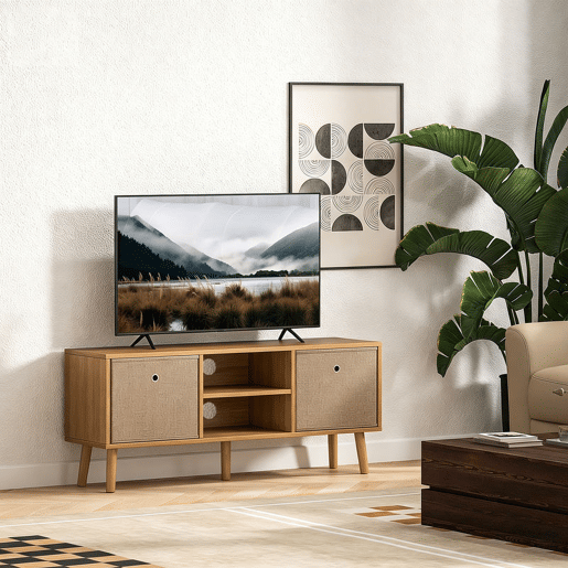 HOMCOM Móvel de TV para Televisores de até 50 Polegadas Móvel de Sala de Estar Moderno com 2 Gavetas de Tecido 2 Prateleiras Abertas e Orifício Passa Cabos 110x29x46,5 cm Madeira e Castanho Claro
