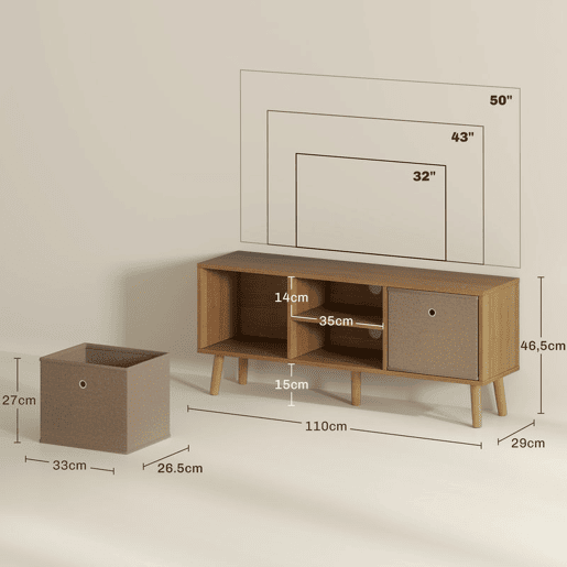 HOMCOM Móvel de TV para Televisores de até 50 Polegadas Móvel de Sala de Estar Moderno com 2 Gavetas de Tecido 2 Prateleiras Abertas e Orifício Passa Cabos 110x29x46,5 cm Madeira e Castanho Claro