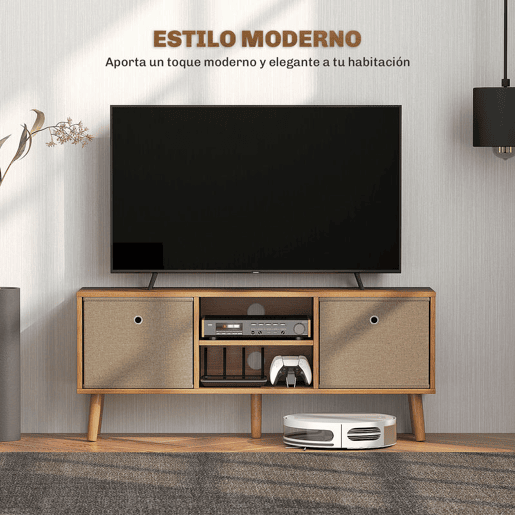 HOMCOM Móvel de TV para Televisores de até 50 Polegadas Móvel de Sala de Estar Moderno com 2 Gavetas de Tecido 2 Prateleiras Abertas e Orifício Passa Cabos 110x29x46,5 cm Madeira e Castanho Claro