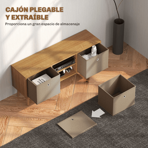 HOMCOM Móvel de TV para Televisores de até 50 Polegadas Móvel de Sala de Estar Moderno com 2 Gavetas de Tecido 2 Prateleiras Abertas e Orifício Passa Cabos 110x29x46,5 cm Madeira e Castanho Claro