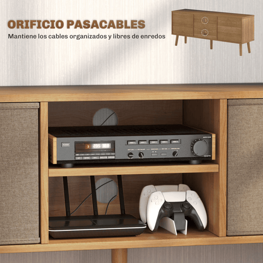HOMCOM Móvel de TV para Televisores de até 50 Polegadas Móvel de Sala de Estar Moderno com 2 Gavetas de Tecido 2 Prateleiras Abertas e Orifício Passa Cabos 110x29x46,5 cm Madeira e Castanho Claro