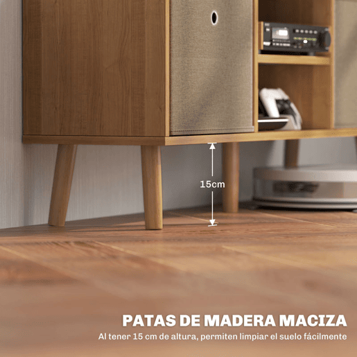 HOMCOM Móvel de TV para Televisores de até 50 Polegadas Móvel de Sala de Estar Moderno com 2 Gavetas de Tecido 2 Prateleiras Abertas e Orifício Passa Cabos 110x29x46,5 cm Madeira e Castanho Claro
