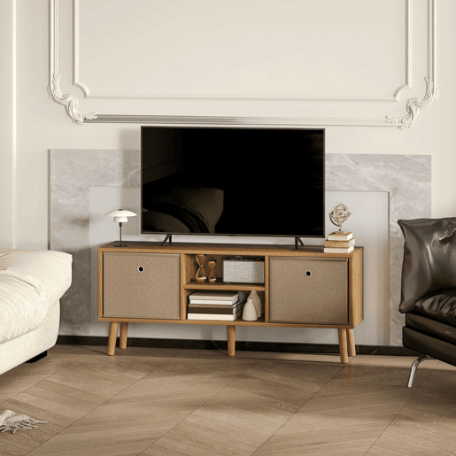 HOMCOM Móvel de TV para Televisores de até 50 Polegadas Móvel de Sala de Estar Moderno com 2 Gavetas de Tecido 2 Prateleiras Abertas e Orifício Passa Cabos 110x29x46,5 cm Madeira e Castanho Claro