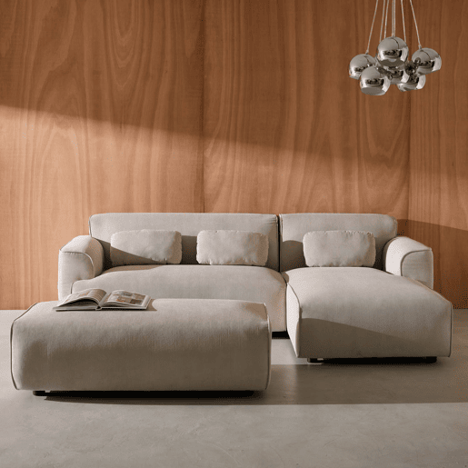 Pufe, apoio para os pés para sofá de canto 2 lugares Wallas veludo cotelê, Wallas veludo, Cinza bege, 123x60x41 cm
