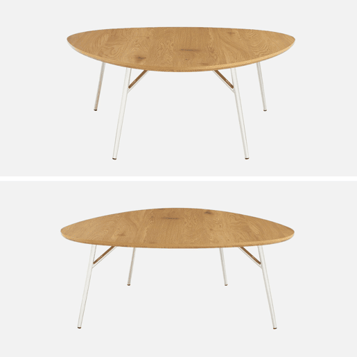 Mesa de centro oval com pernas cromadas e efeito de madeira, Ezia, Carvalho, 100x95x35.5 cm