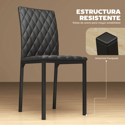 HOMCOM Conjunto de 4 Cadeiras de Jantar, Cadeiras de Cozinha Modernas, Encosto Alto com Costuras Decorativas em Forma de Diamante, Estofadas em Pele Sintética, Pés de Aço, Suporta até 120 kg, Preto