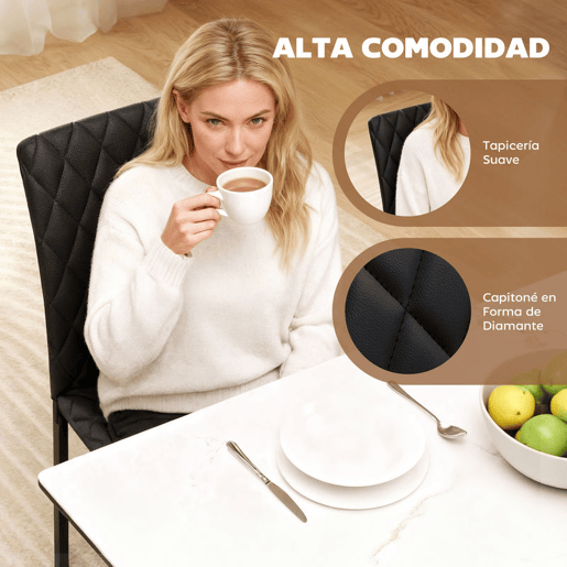 HOMCOM Conjunto de 4 Cadeiras de Jantar, Cadeiras de Cozinha Modernas, Encosto Alto com Costuras Decorativas em Forma de Diamante, Estofadas em Pele Sintética, Pés de Aço, Suporta até 120 kg, Preto