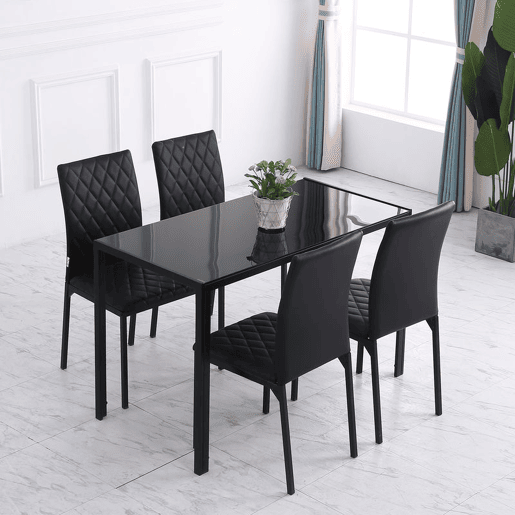 HOMCOM Conjunto de 4 Cadeiras de Jantar, Cadeiras de Cozinha Modernas, Encosto Alto com Costuras Decorativas em Forma de Diamante, Estofadas em Pele Sintética, Pés de Aço, Suporta até 120 kg, Preto