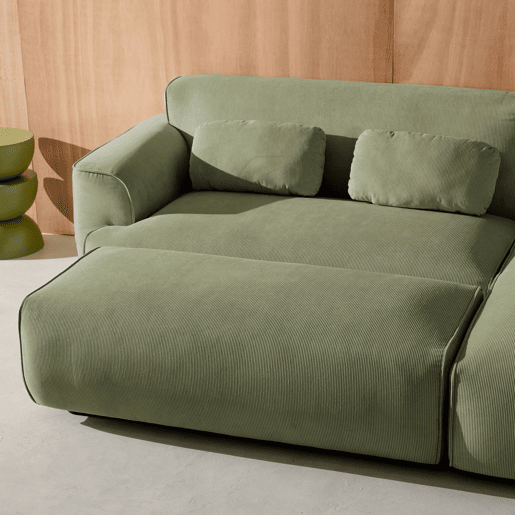 Pufe, apoio para os pés para sofá de canto 2 lugares Wallas veludo cotelê, Wallas veludo, Verde, 123x60x41 cm