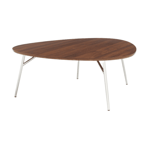 Mesa de centro oval com pernas cromadas e efeito de madeira, Ezia, Madeira de nogueira, 100x95.5x35.5 cm