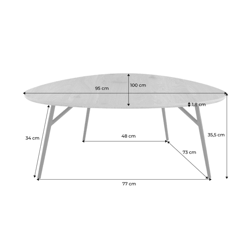 Mesa de centro oval com pernas cromadas e efeito de madeira, Ezia, Madeira de nogueira, 100x95.5x35.5 cm