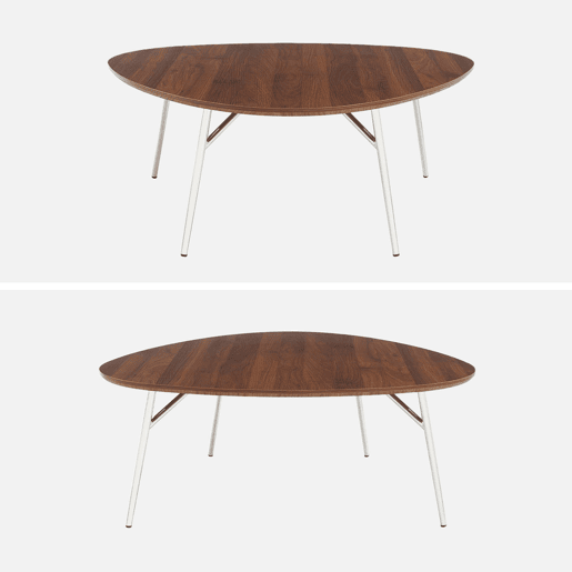 Mesa de centro oval com pernas cromadas e efeito de madeira, Ezia, Madeira de nogueira, 100x95.5x35.5 cm