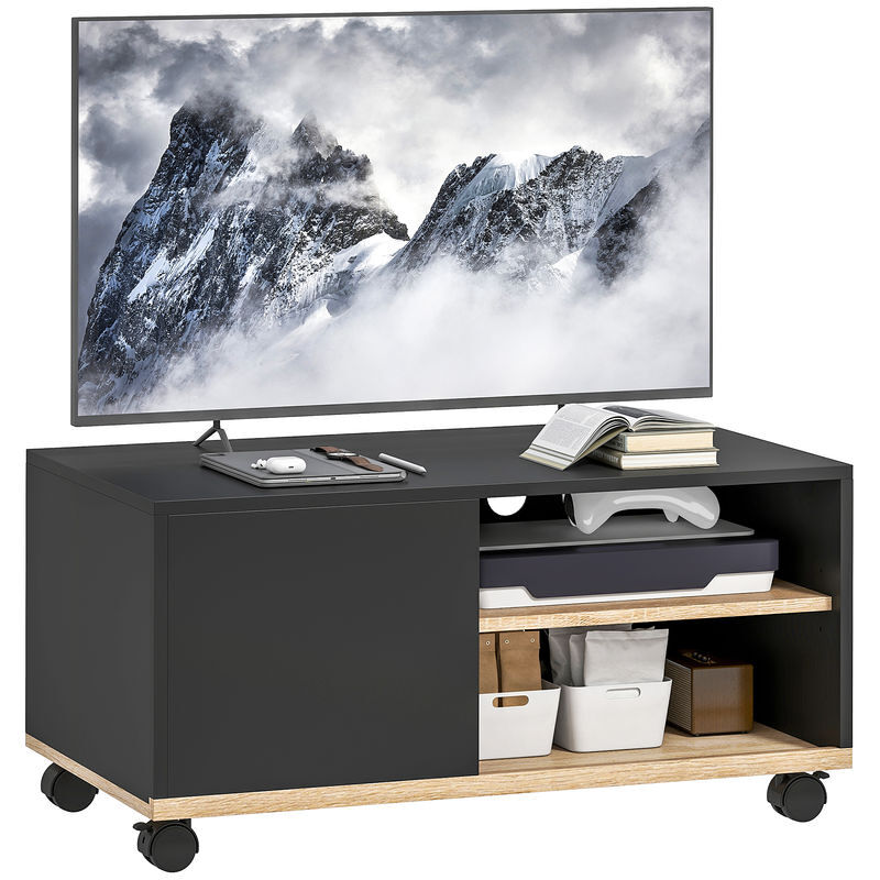 Homcom mueble de tv con ruedas, mesa de tv móvil, mueble para televisión hasta 42 pulgadas, con 1 puerta, 2 compartimentos abiertos, estante ajustable, para salón, comedor, dormitorio, negro