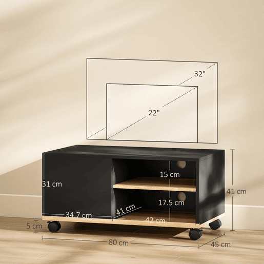 HOMCOM Móvel de TV com Rodas Mesa de TV Móvel até 42 Polegadas com 1 Porta 2 Compartimentos Abertos Prateleira Ajustável para Sala de Estar 80x45x41 cm Preto