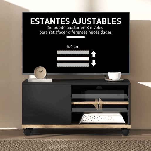 HOMCOM Móvel de TV com Rodas Mesa de TV Móvel até 42 Polegadas com 1 Porta 2 Compartimentos Abertos Prateleira Ajustável para Sala de Estar 80x45x41 cm Preto