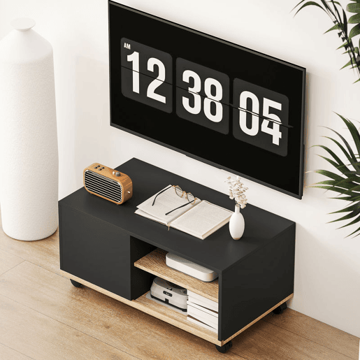 HOMCOM Móvel de TV com Rodas Mesa de TV Móvel até 42 Polegadas com 1 Porta 2 Compartimentos Abertos Prateleira Ajustável para Sala de Estar 80x45x41 cm Preto