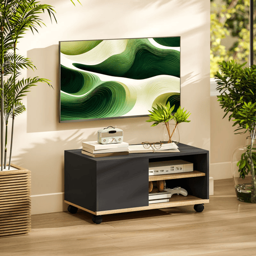 HOMCOM Móvel de TV com Rodas Mesa de TV Móvel até 42 Polegadas com 1 Porta 2 Compartimentos Abertos Prateleira Ajustável para Sala de Estar 80x45x41 cm Preto