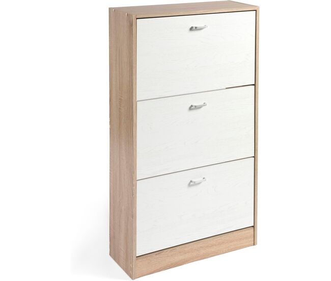 Zapatero Madera, Tres Puertas, Zapatero Puertas Oscilobatientes, Mueble Auxiliar, Medidas: 63cms Ancho, 24cms Profundo, 115cms Alto (Taupe/Blanco)