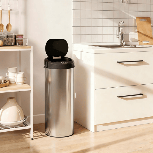 HOMCOM Balde de Lixo de Cozinha Automático 55 L Balde de Cozinha em Aço Inoxidável com Sensor Infravermelho Fechamento Suave e Anel Antidigitais para Quarto Escritório e Casa 32x30x78,5 cm Prateado
