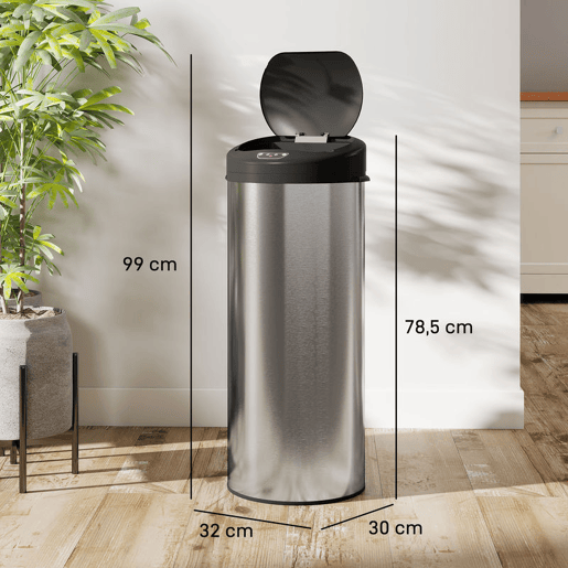 HOMCOM Balde de Lixo de Cozinha Automático 55 L Balde de Cozinha em Aço Inoxidável com Sensor Infravermelho Fechamento Suave e Anel Antidigitais para Quarto Escritório e Casa 32x30x78,5 cm Prateado