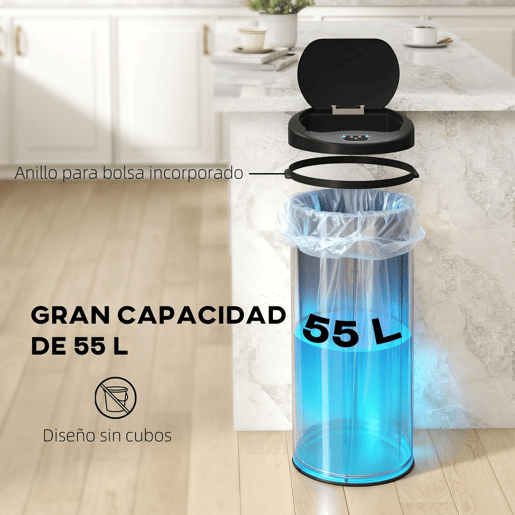 HOMCOM Balde de Lixo de Cozinha Automático 55 L Balde de Cozinha em Aço Inoxidável com Sensor Infravermelho Fechamento Suave e Anel Antidigitais para Quarto Escritório e Casa 32x30x78,5 cm Prateado