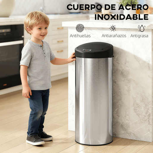HOMCOM Balde de Lixo de Cozinha Automático 55 L Balde de Cozinha em Aço Inoxidável com Sensor Infravermelho Fechamento Suave e Anel Antidigitais para Quarto Escritório e Casa 32x30x78,5 cm Prateado