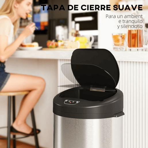 HOMCOM Balde de Lixo de Cozinha Automático 55 L Balde de Cozinha em Aço Inoxidável com Sensor Infravermelho Fechamento Suave e Anel Antidigitais para Quarto Escritório e Casa 32x30x78,5 cm Prateado